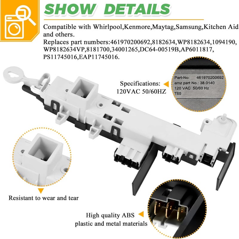 Techecook 461970200692 WP8182634 Washer Door Lock Switch by Replacement for Kenmore Samsung Whirlpool Front Load Washer Door Lock Assembly OEM 461970200692 8181700 DC64-00519B - 2 YEARS WARRANTY - Image 3